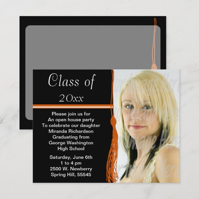 Tassel Photo Graduation Party Orange and Black Invitation (Front/Back)