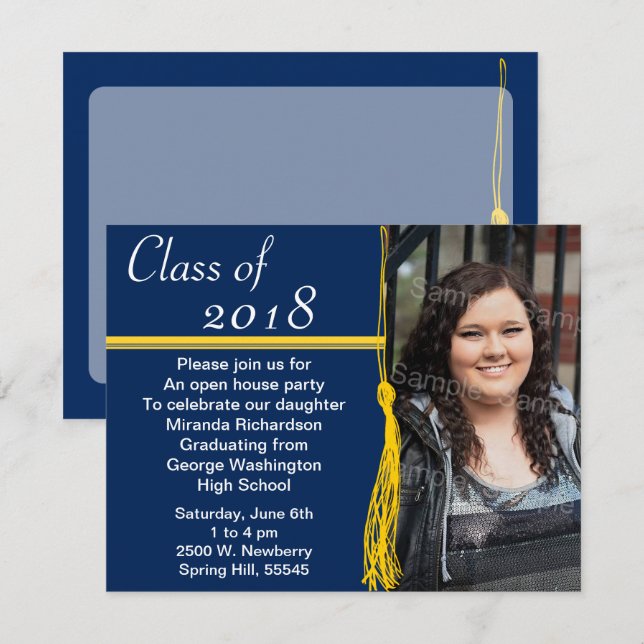 Tassel Photo Graduation Party Yellow and Blue Invitation (Front/Back)