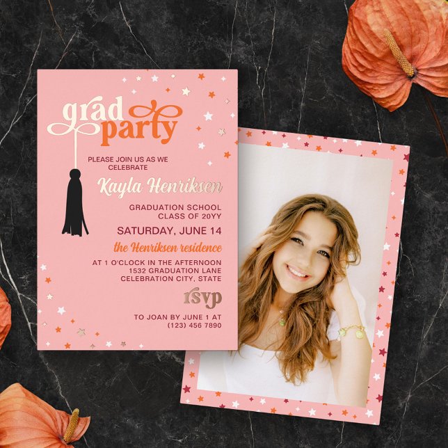 Tassel & Stars Pink Retro Script Grad Party Gold (Creator Uploaded)