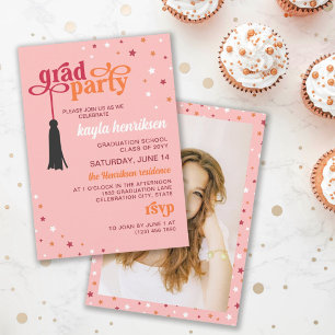 Tassel & Stars Pink Retro Script Grad Party Invitation