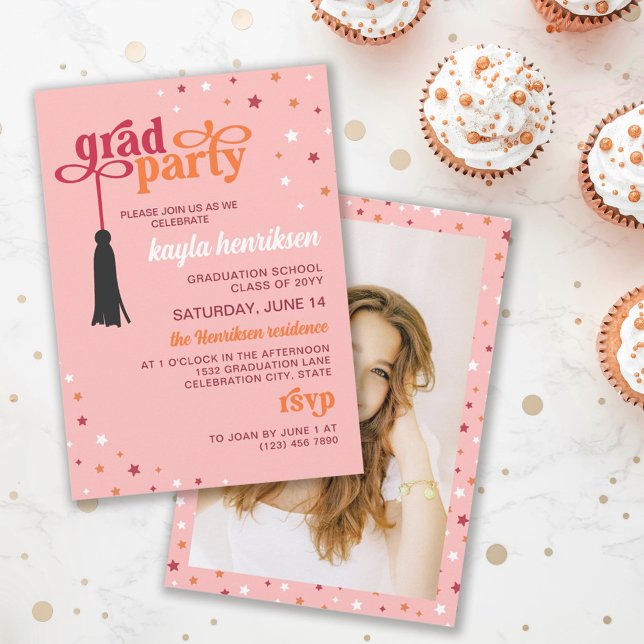 Tassel & Stars Pink Retro Script Grad Party Invitation (Creator Uploaded)