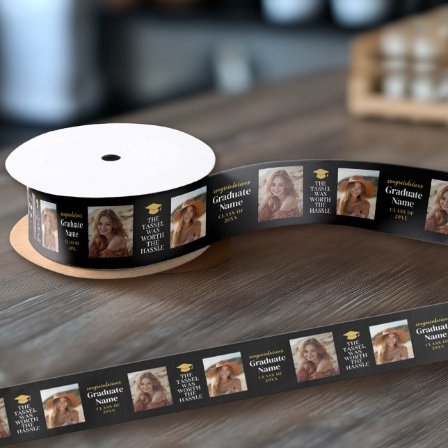 Tassel Was Worth Hassle Modern Graduation 2 Photo Satin Ribbon (Custom Graduation Ribbon)