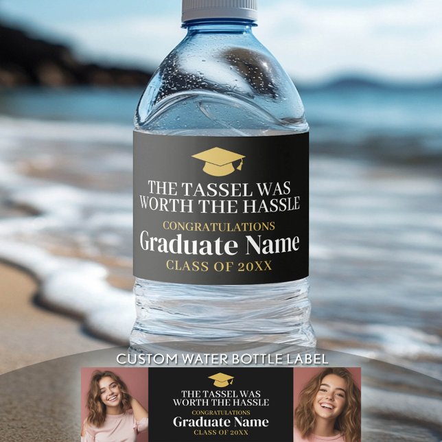 Tassel Was Worth Hassle Modern Graduation 2 Photo Water Bottle Label (Custom Graduation Water Bottle Label)