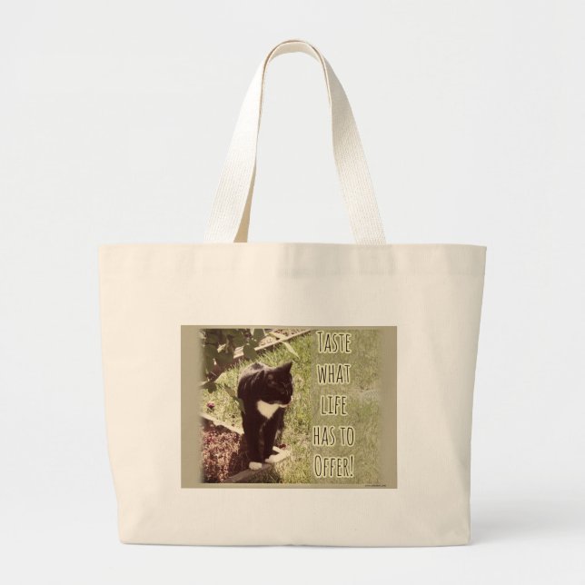 Taste Life Offer Encouraging Cat Photo Quote Large Tote Bag (Front)