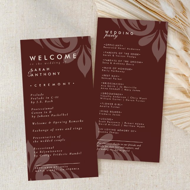 Tasteful Elegant Damask Mahogany Wedding Program (Creator Uploaded)
