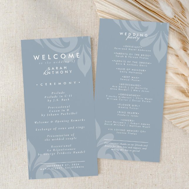 Tasteful Minimal Damask Cadet Grey Wedding Program (Creator Uploaded)