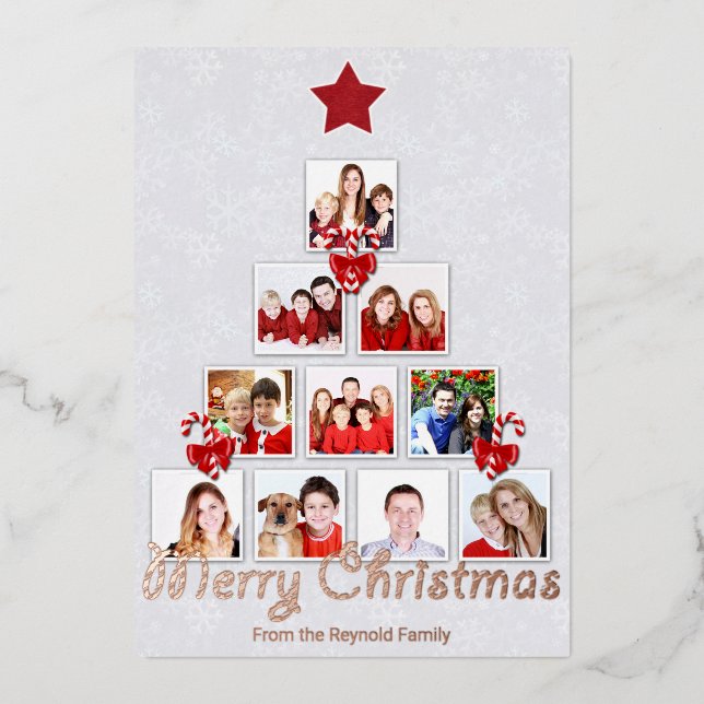 Tasty Candy Cane Christmas Tree Photo Collage Foil Holiday Card (Front)