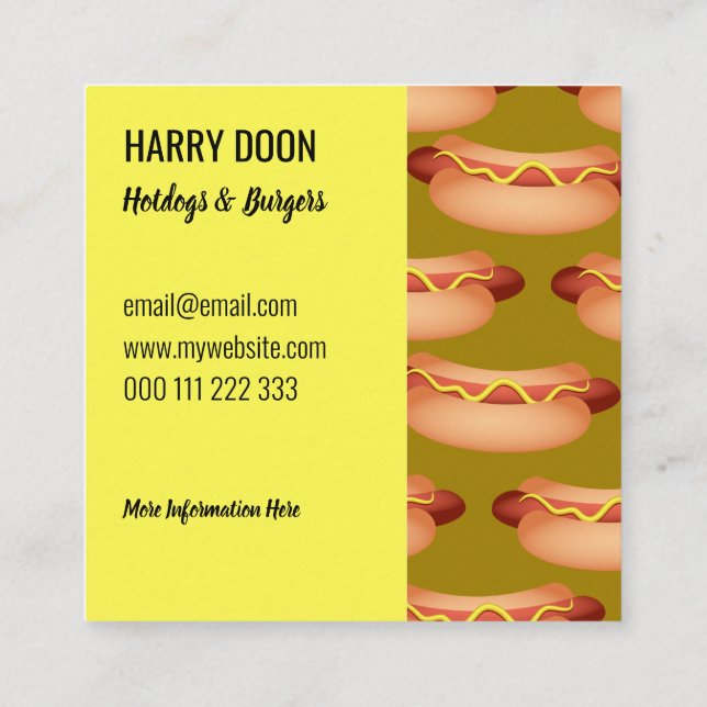 Tasty Fast Food Hotdog Template  Square Business Card (Back)