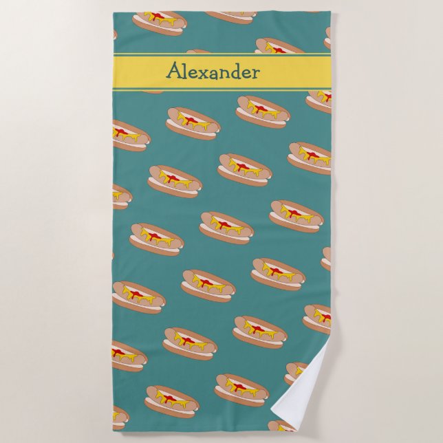 Tasty Hot Dog Cartoon Food - Your Name on a Beach Towel (Front)
