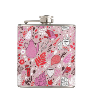Tasty pattern with birds and flowers hip flask