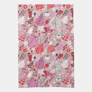 Tasty pattern with birds and flowers tea towel