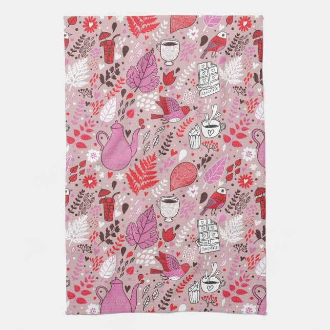 Tasty pattern with birds and flowers tea towel (Vertical)