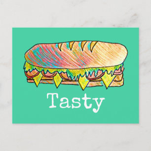 Tasty sub sandwich cute food art postcard