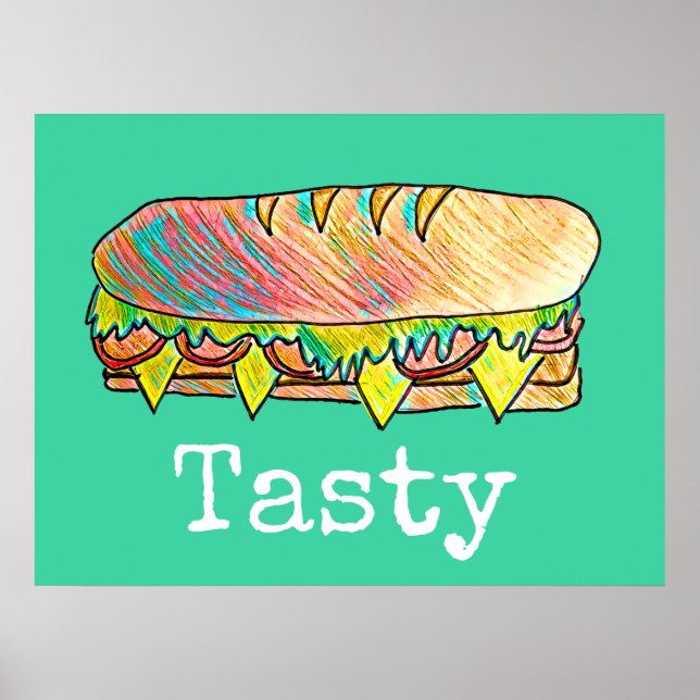 Tasty sub sandwich cute food art poster (Front)