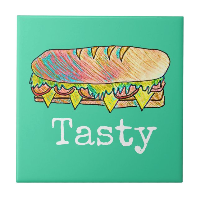 Tasty sub sandwich cute food art tile (Front)