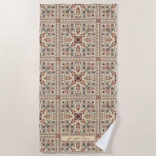 Tatreez pattern, beige geometric ornament beach towel