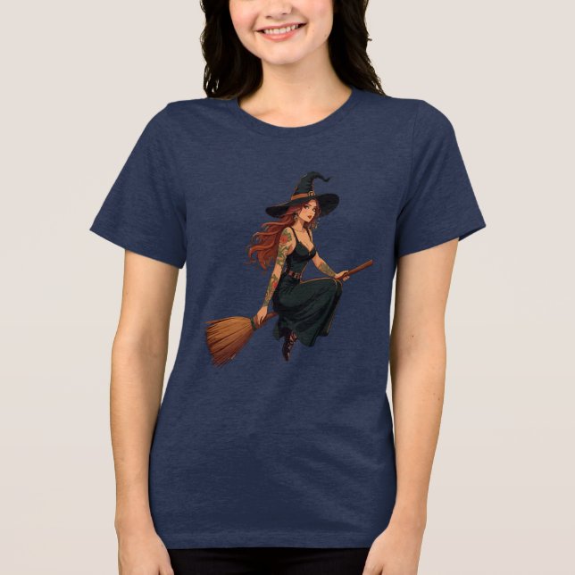 Tatted Witch Sat Astride A Besom Vector Art Tri-Blend Shirt (Front)