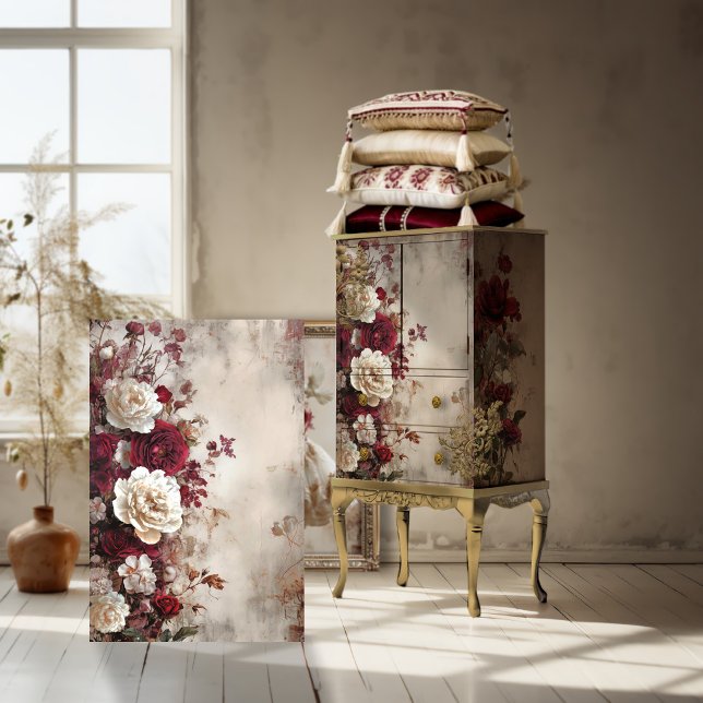Tattered Floral, French Chic, Roses & Peony Tissue Paper (Burgundy Red & Beige White, Romantic, Shabby Chic, Roses & Peony, Tattered Floral, Decoupage Paper)