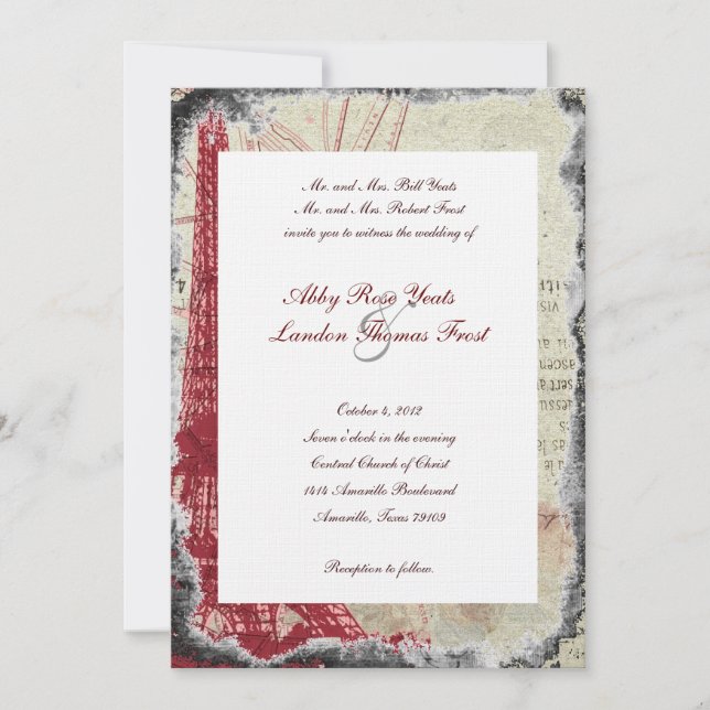 Tattered Red Paris Eiffel Tower Wedding Invitation (Front)