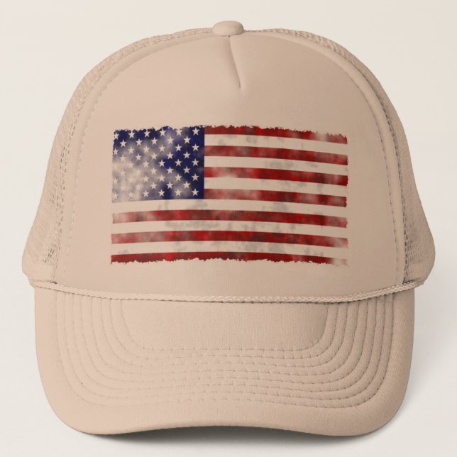 Tattered Vintage American Flag Trucker Hat (Front)