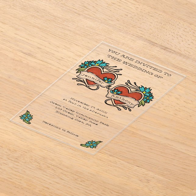 Tattoed Hearts Tattoo Graphic Wedding Acrylic Invitations (Laydown)
