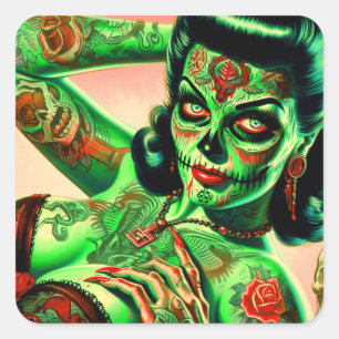 Tattoed Zombie Pin-up Square Sticker