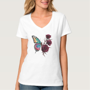 Tattoo Art Butterfly with Roses – Women’s V-Neck T-Shirt