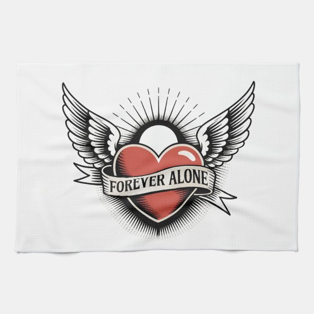 Tattoo Art: Winged Heart with "Forever Alone" Tea Towel (Horizontal)