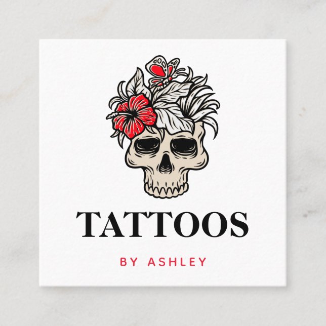 Tattoo Artist Add Your Social Media Floral Skull   Square Business Card (Front)