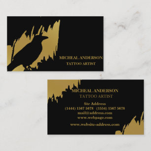 Tattoo Artist Black Crow Modern Gold Brush Stroke Business Card
