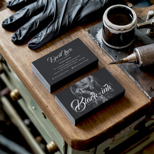 Tattoo artist black photo white script typography business card