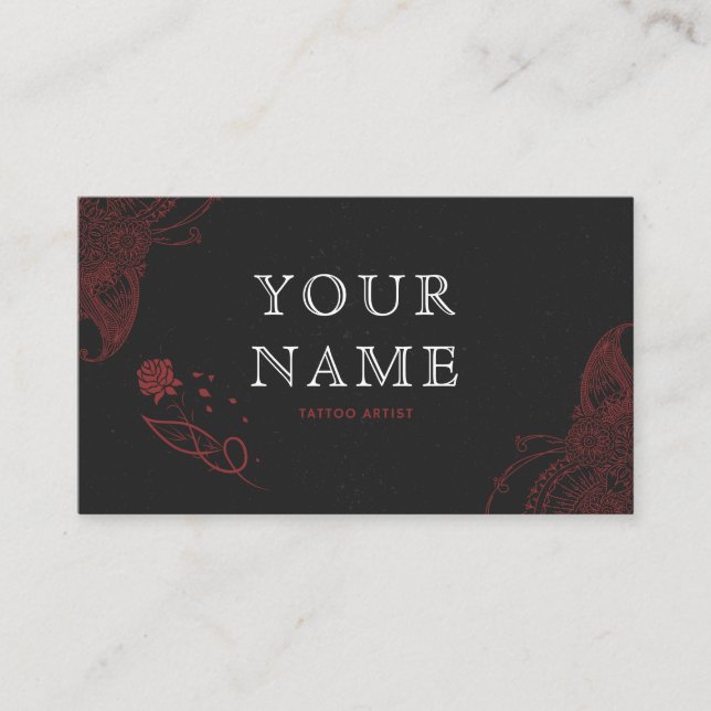 Tattoo Artist Black Red Typography Sketching Rose Business Card (Front)