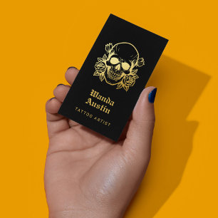Tattoo Artist Floral Skull Black And Gold Business Card