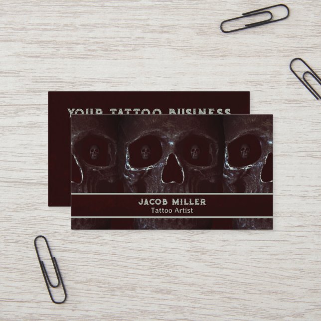 Tattoo Artist Goth Burgundy Dark Academia Skull Business Card (Front/Back In Situ)