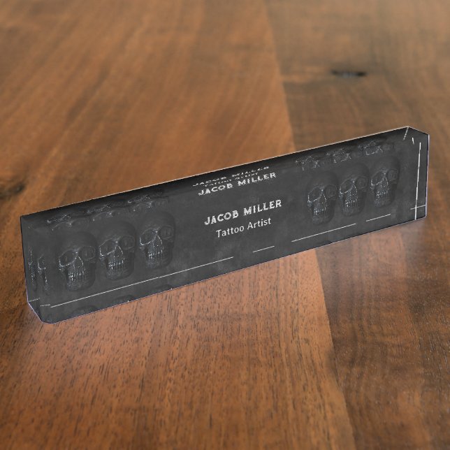 Tattoo Artist Gothic Black Dark Academia Skull Nameplate (Side)