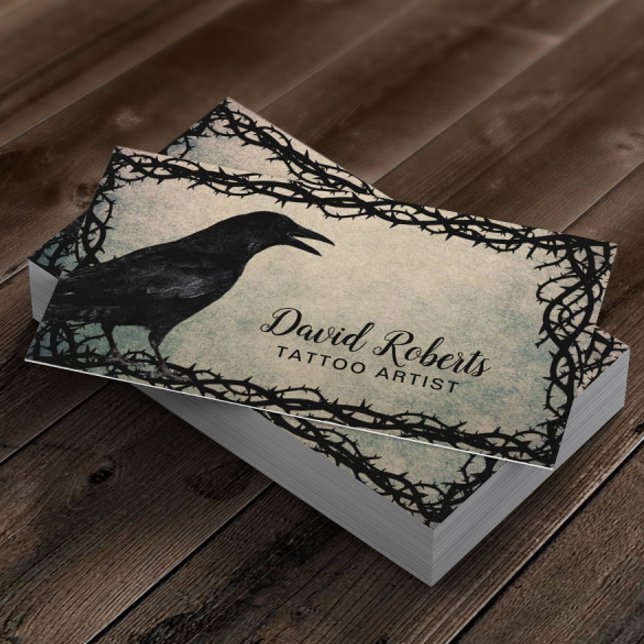 Tattoo Artist Gothic Crow Thorn Frame Grunge Business Card (Creator Uploaded)