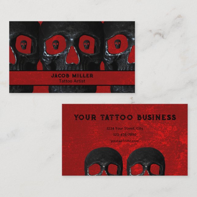 Tattoo Artist Gothic Red Black Dark Academia Skull Business Card (Front/Back)
