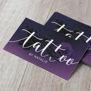 Tattoo Artist Gun & Flower Typography Deep Purple Business Card