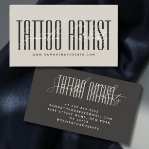 Tattoo artist modern typography script beige gray business card