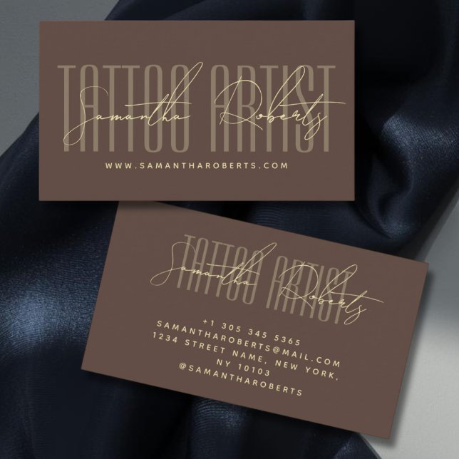 Tattoo artist modern typography script brown business card (Creator Uploaded)