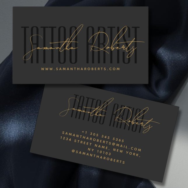 Tattoo artist modern typography script grey black business card (Creator Uploaded)