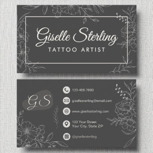 Tattoo Artist Moody Charcoal Gray Floral Modern Business Card