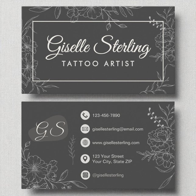 Tattoo Artist Moody Charcoal Grey Floral Modern Business Card (Creator Uploaded)