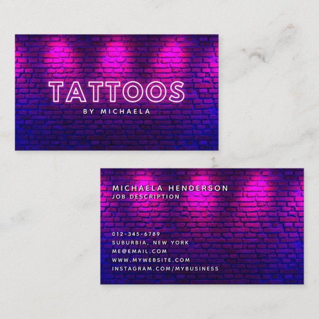 Tattoo Artist Or Shop Modern Pink Neon & Bricks Business Card (Front/Back)