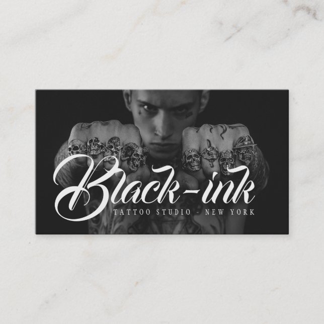 Tattoo artist photo script calligraphy black kraft business card (Front)