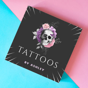 Tattoo Artist Pretty Floral Skull Botanical Leaves Square Business Card