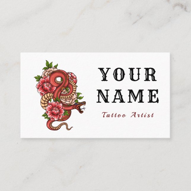 Tattoo Artist Salon Floral Red Snake Minimal Retro Business Card (Front)