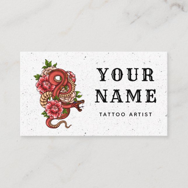 Tattoo Artist Salon Floral Red Snake Reptile White Business Card (Front)