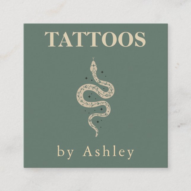 Tattoo Artist Snake Social Media Neutral Green Square Business Card (Front)