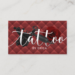 Tattoo Artist Tattoo Gun & Rose Lux Red Quilted Business Card